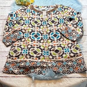 Kate Hill Linen Patterned Button Up Top sz L